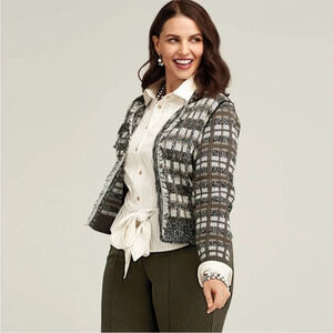 Cabi Brown Gray White Plaid Fringe Open Front Classic Blazer Sweater Medium